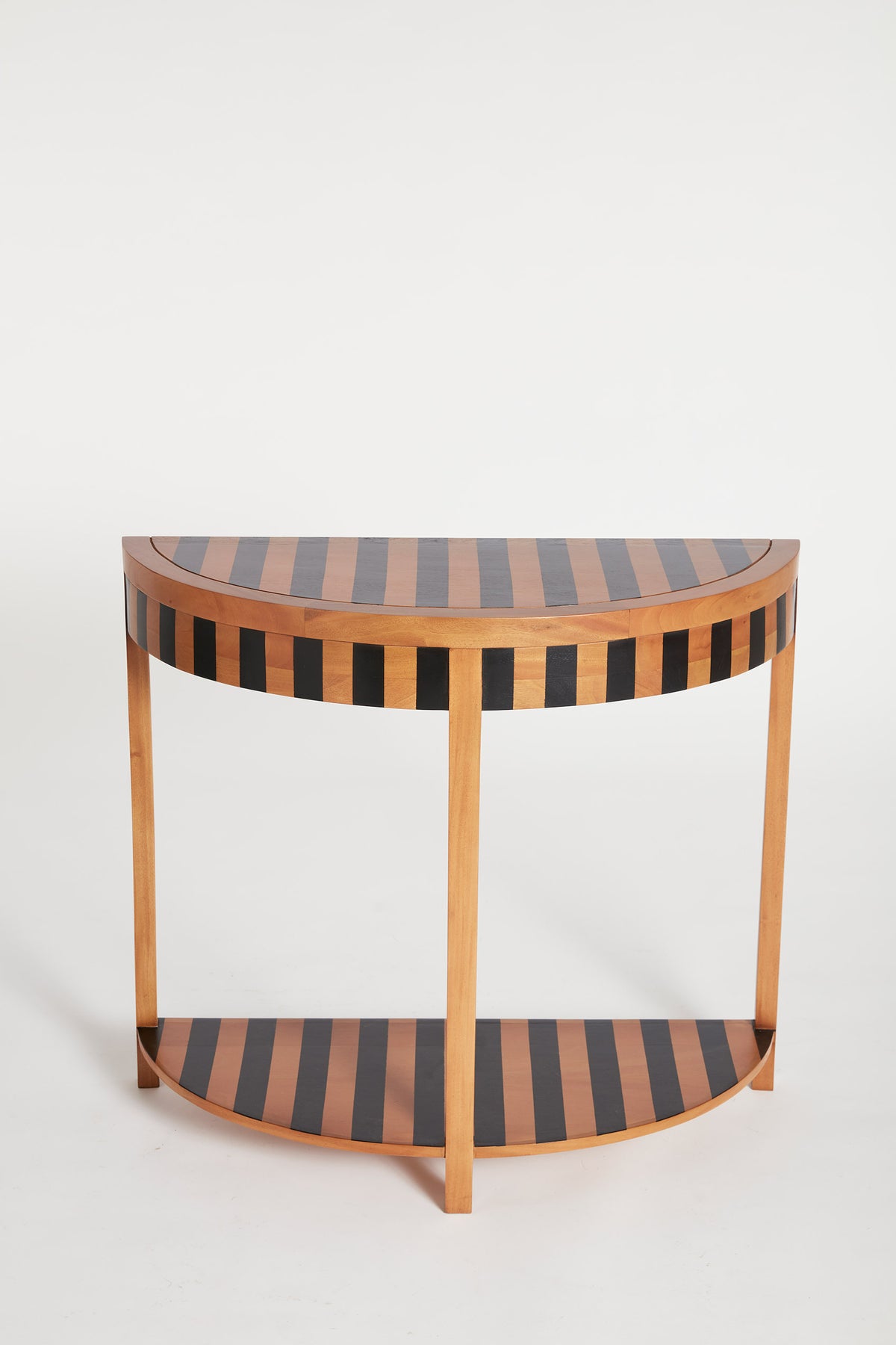 Timber console table in half moon shape with bold black stripes